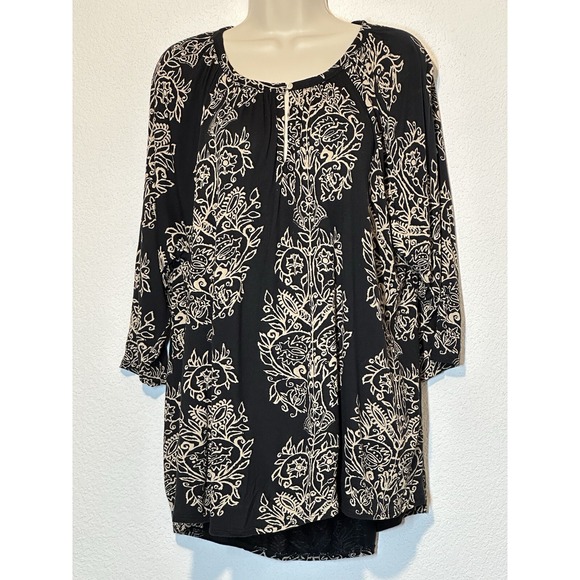 Lucky Brand Tops - Lucky Brand Womens Black Tan Floral‎ Peasant Blouse Sz 2X Round Neck Keyhole